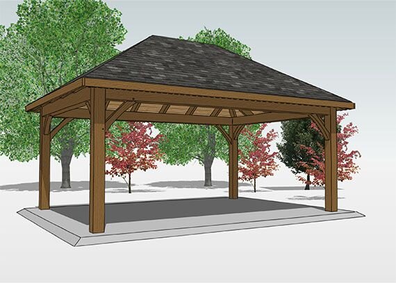 Peninsula wooden gazebo design featuring a shingled roof and timber frame